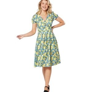 Vintage Timeless London Lemon Midi Dress Short Sleeve Women sz 12 Pin Up Retro
